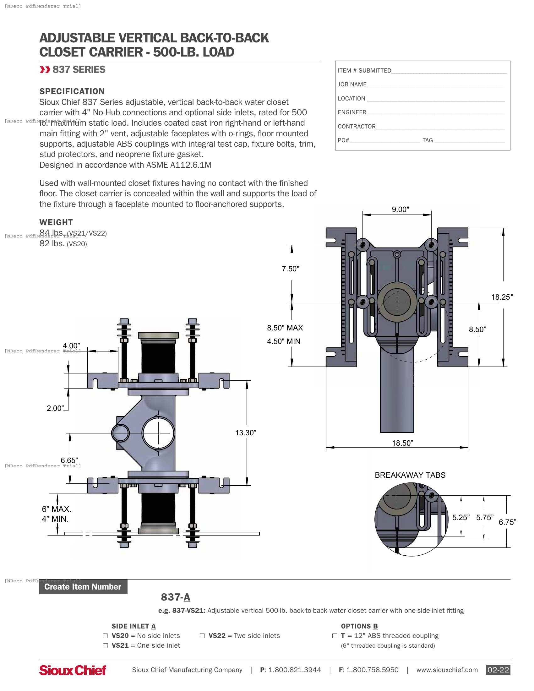 837-VS2 SERIES - CLOSET CARRIER - SPEC SHEET.PDF Specification Document